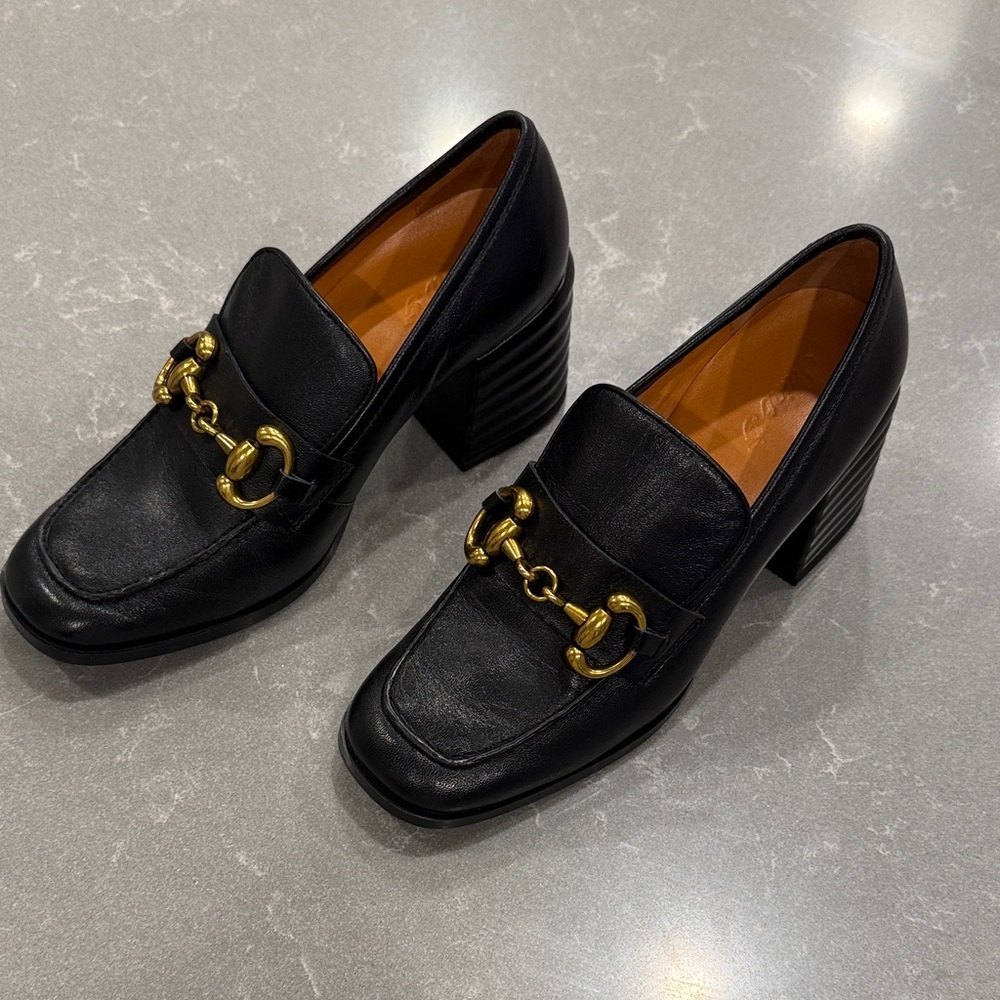 Saint Grace Black Leather Heeled Loafers with Gold Hardware